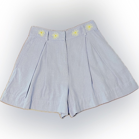Vintage Linen Blend High Waisted Pleated Periwinkle Shorts Embroidered Dais… - Picture 3 of 7